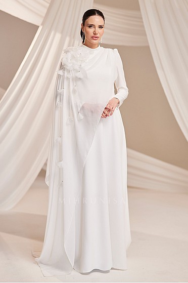 3D Çiçek Detaylı Pelerinli Eftelya Abiye - Beyaz