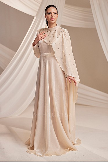 Asimetrik Kat Detaylı Taş İşlemeli Hendy Abiye - Bej