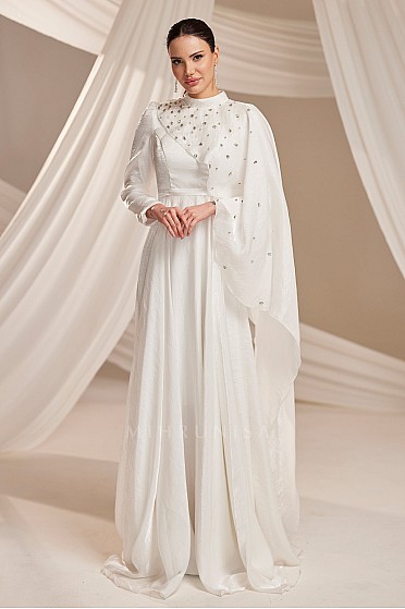 Asimetrik Kat Detaylı Taş İşlemeli Hendy Abiye - Beyaz