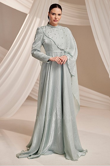 Asimetrik Kat Detaylı Taş İşlemeli Hendy Abiye - Mint