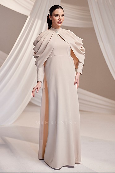 Broş Detaylı Drapeli Omuz Tasarımlı Elen Abiye - Bej