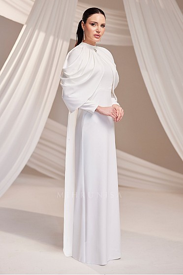 Broş Detaylı Drapeli Omuz Tasarımlı Elen Abiye - Beyaz