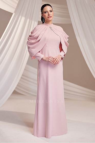 Broş Detaylı Drapeli Omuz Tasarımlı Elen Abiye - Pudra