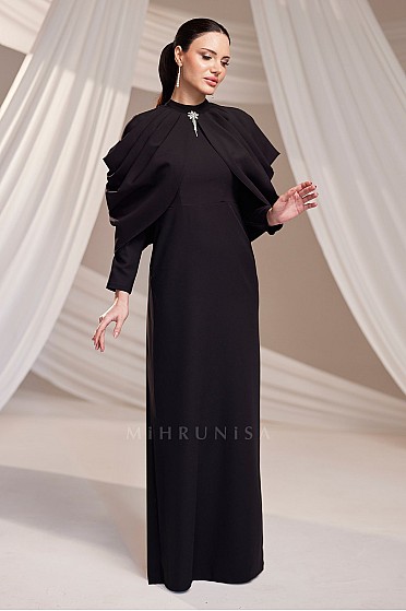 Broş Detaylı Drapeli Omuz Tasarımlı Elen Abiye - Siyah