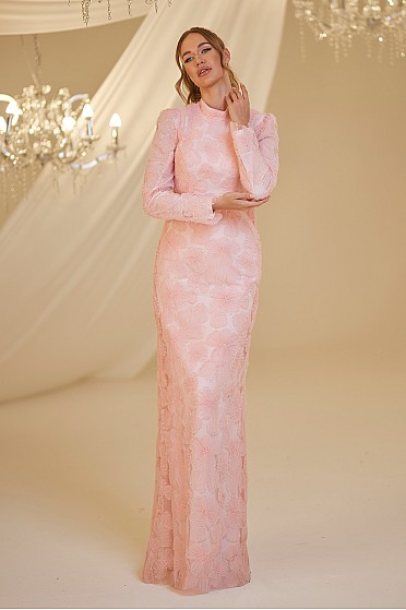 Çiçek Desen Rüya Abiye - Pembe