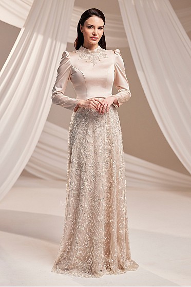 Dantel Etekli Taş Detaylı Hazel Abiye - Bej