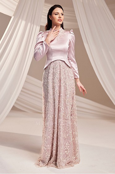 Dantel Etekli Taş Detaylı Hazel Abiye - Pudra