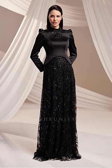 Dantel Etekli Taş Detaylı Hazel Abiye - Siyah