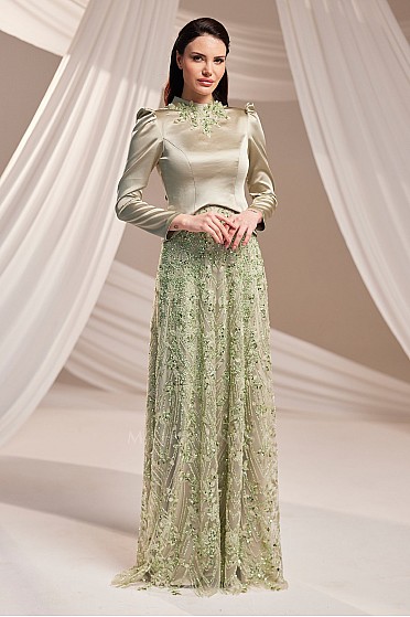 Dantel Etekli Taş Detaylı Hazel Abiye - Su Yeşili