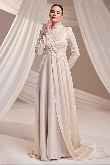 Drapeli İşlemeli Beril Abiye - Bej