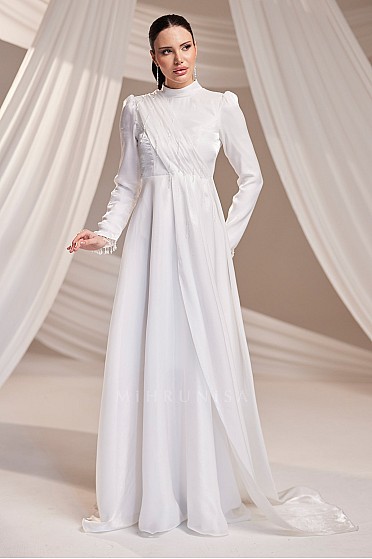 Drapeli İşlemeli Beril Abiye - Beyaz