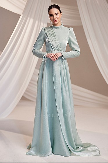 Drapeli İşlemeli Beril Abiye - Mint