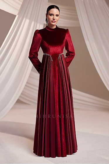 İnci Detay  Kadife Elmira Abiye - Bordo