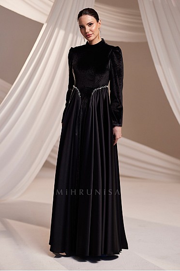 İnci Detay  Kadife Elmira Abiye - Siyah