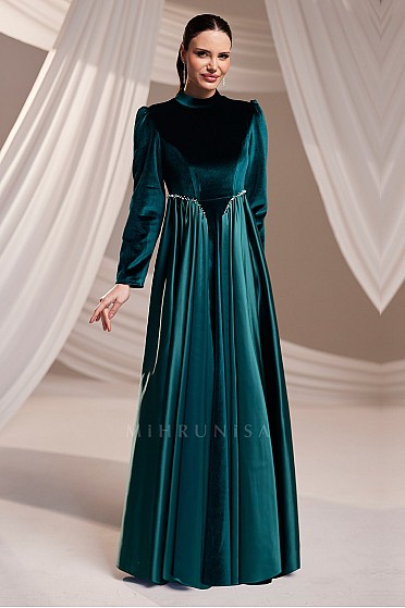 İnci Detay  Kadife Elmira Abiye - Zümrüt