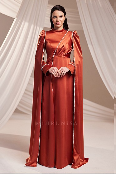 İnci Detay Pelerinli Beray Abiye - Turuncu