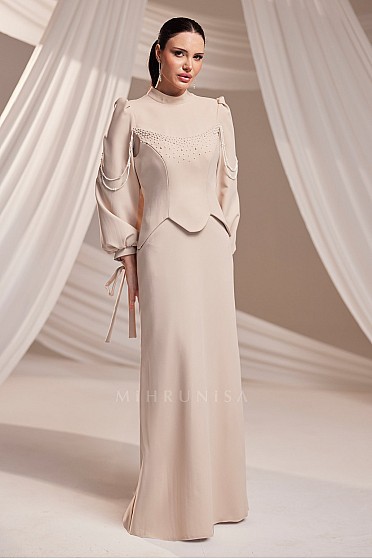 İnci Detaylı Bağcıklı Kol Floria Abiye - Bej