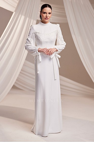 İnci Detaylı Bağcıklı Kol Floria Abiye - Beyaz