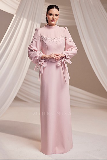 İnci Detaylı Bağcıklı Kol Floria Abiye - Pudra