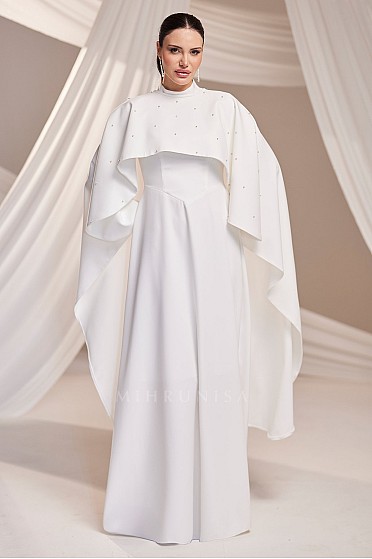 İncili Pelerin Detay Dreza Abiye - Beyaz