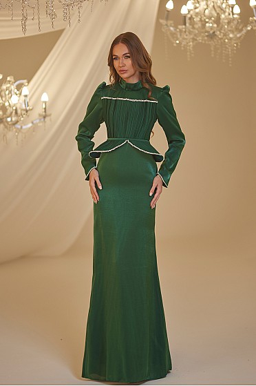 İncili Peplum Detay Efsun Abiye - Zümrüt
