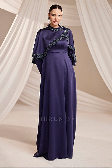 İşlemeli Pelerin Detaylı Belin Abiye - Lacivert