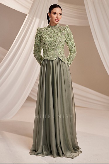 İşlemeli Üst Formlu Akıcı Etekli Juliet Abiye - Haki