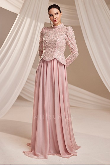 İşlemeli Üst Formlu Akıcı Etekli Juliet Abiye - Pudra