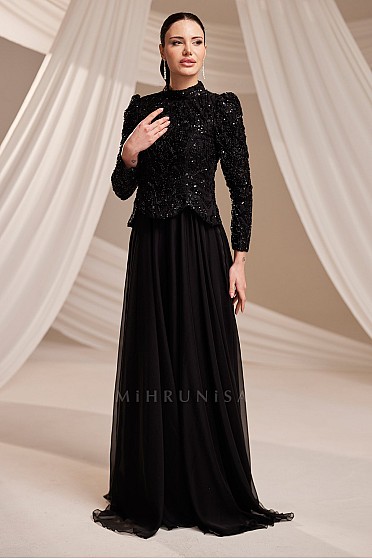 İşlemeli Üst Formlu Akıcı Etekli Juliet Abiye - Siyah