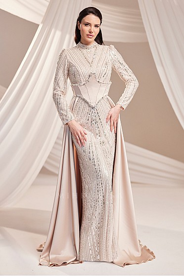 Korse Detaylı Işıltılı Asel Abiye - Gold