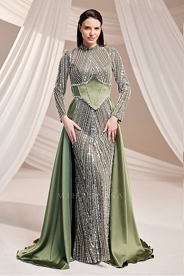 Korse Detaylı Işıltılı Asel Abiye - Haki