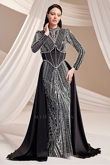 Korse Detaylı Işıltılı Asel Abiye - Siyah