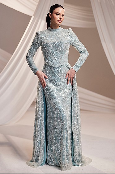 Korseli Yoğun İşlemeli Felora Abiye - Mint