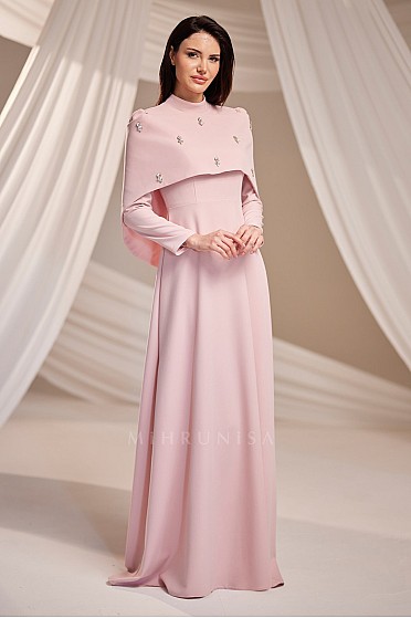 Minimal Pelerin Detaylı Alvin Abiye - Pudra