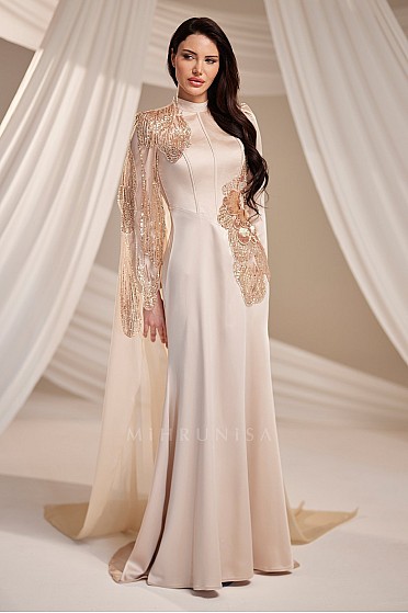 Omuz Aplikeli Şık Arva Abiye - Gold