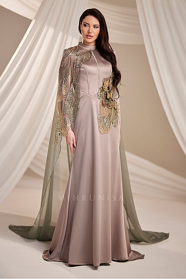 Omuz Aplikeli Şık Arva Abiye - Vizon