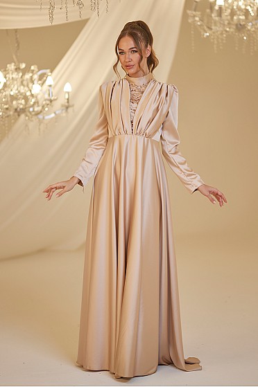 Önü Drape Saten Elif Abiye - Gold