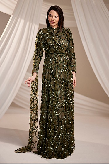 Pelerin Ve Drape Detay Alina Abiye - Haki