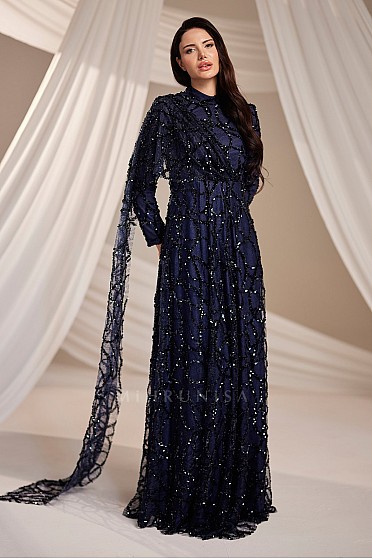 Pelerin Ve Drape Detay Alina Abiye - Lacivert