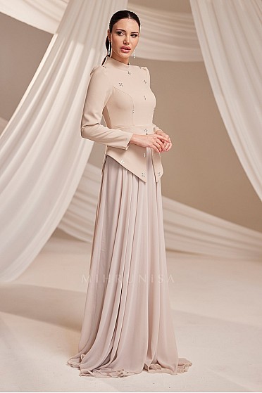 Taş Detaylı Asimetrik Kesim Gina Abiye - Bej