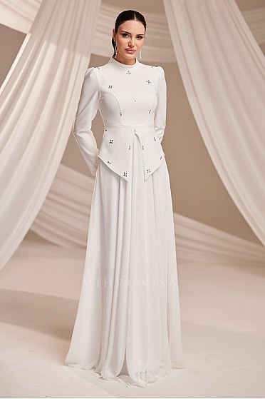 Taş Detaylı Asimetrik Kesim Gina Abiye - Beyaz