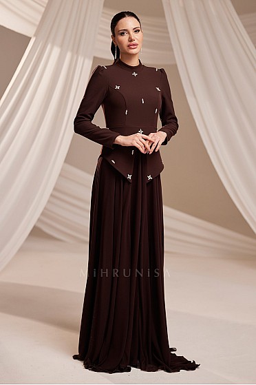 Taş Detaylı Asimetrik Kesim Gina Abiye - Kahve