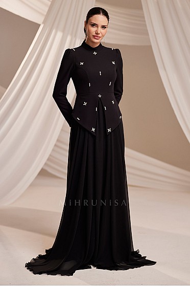 Taş Detaylı Asimetrik Kesim Gina Abiye - Siyah