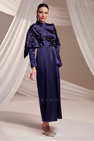 Taş İşlemeli Drapeli Ayda Abiye - Lacivert