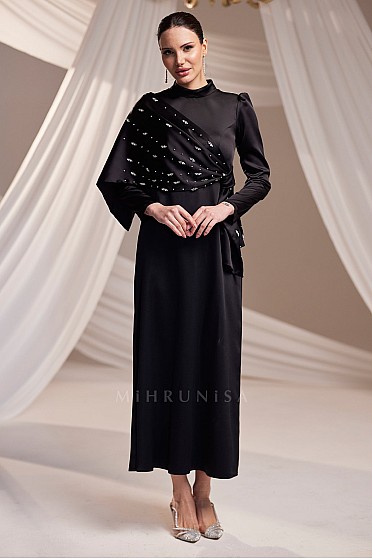 Taş İşlemeli Drapeli Ayda Abiye - Siyah