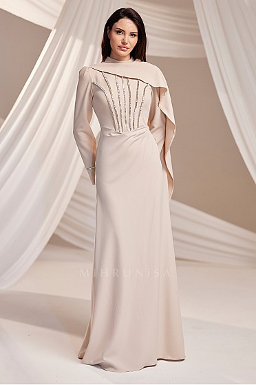 Taş Zincir Detaylı Pelerinli Ayliz Abiye - Bej