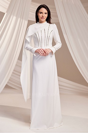 Taş Zincir Detaylı Pelerinli Ayliz Abiye - Beyaz