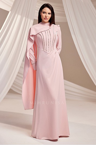 Taş Zincir Detaylı Pelerinli Ayliz Abiye - Pudra