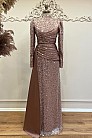 Drape Boncuk Detay Kuyruklu Mimoza Abiye - Kahve - MN-4747