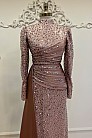 Drape Boncuk Detay Kuyruklu Mimoza Abiye - Kahve - MN-4747